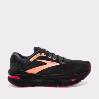 BROOKS WOMENS GHOST MAX D-WIDTH BLACK ORANGE PINK